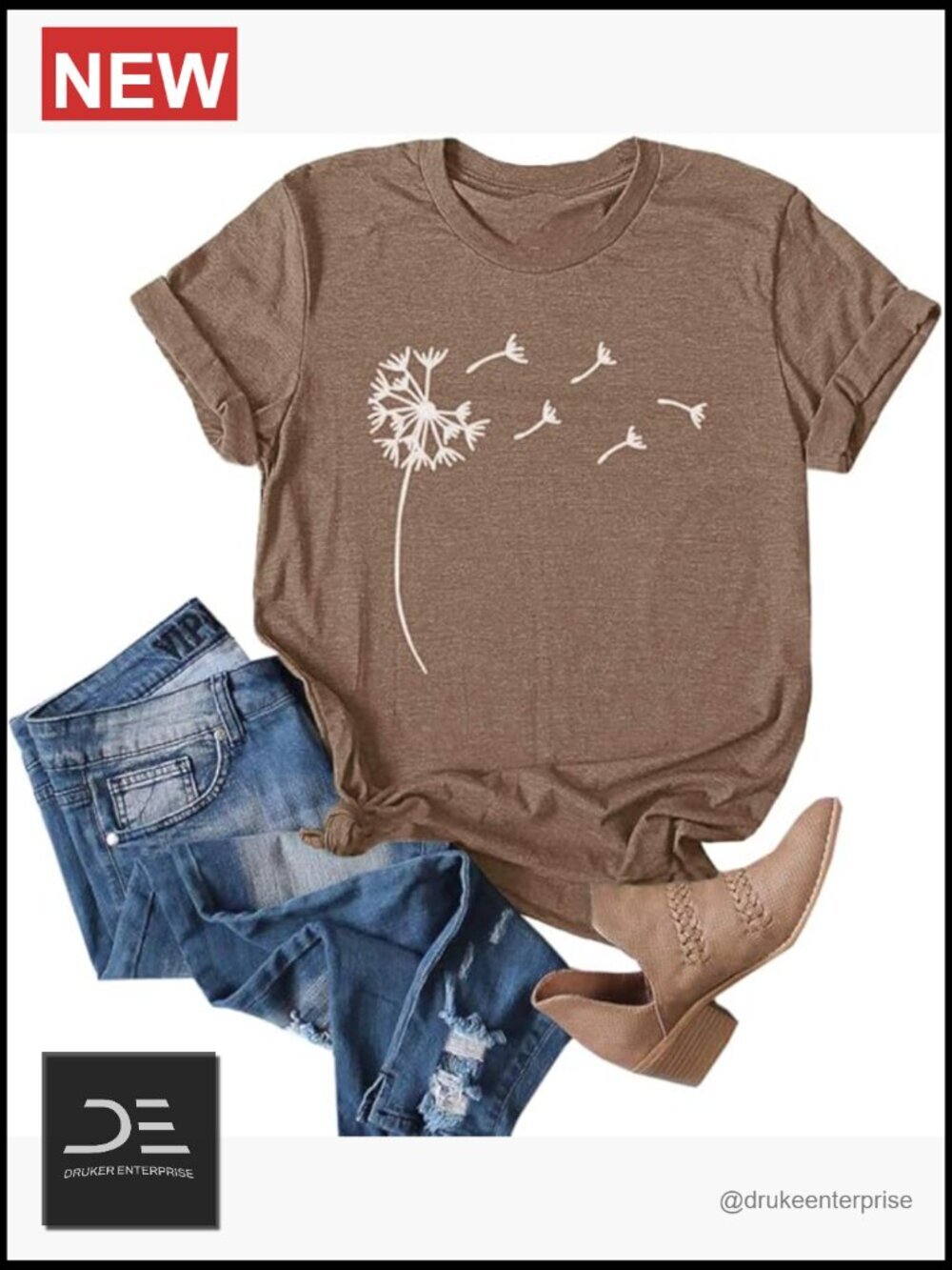 Women's Dandelion Print Short Sleeve T-Shirt Cotton Blend Tee